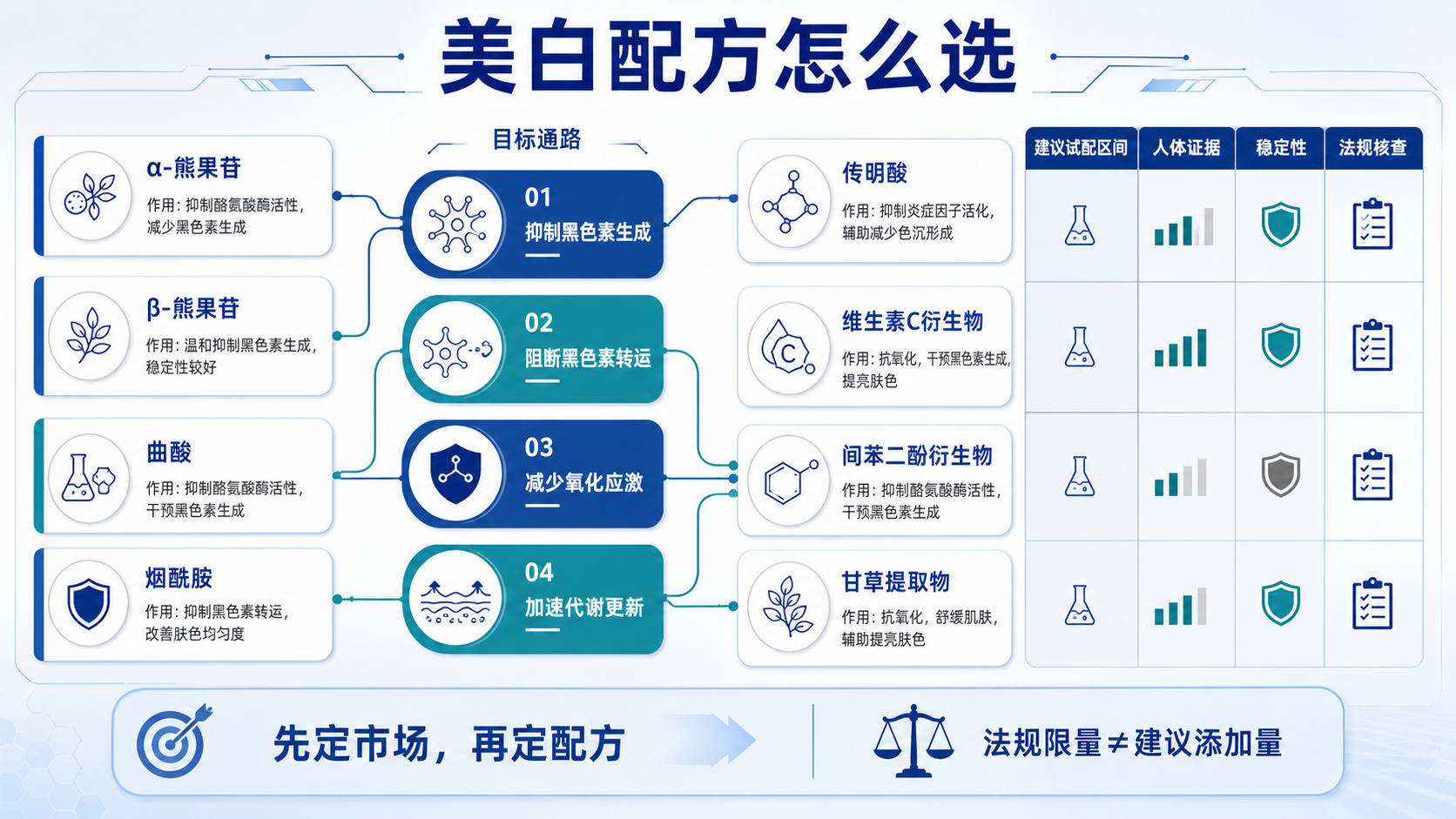 美白配方按目标通路、人体证据、稳定性和法规核查进行选成分的示意图
